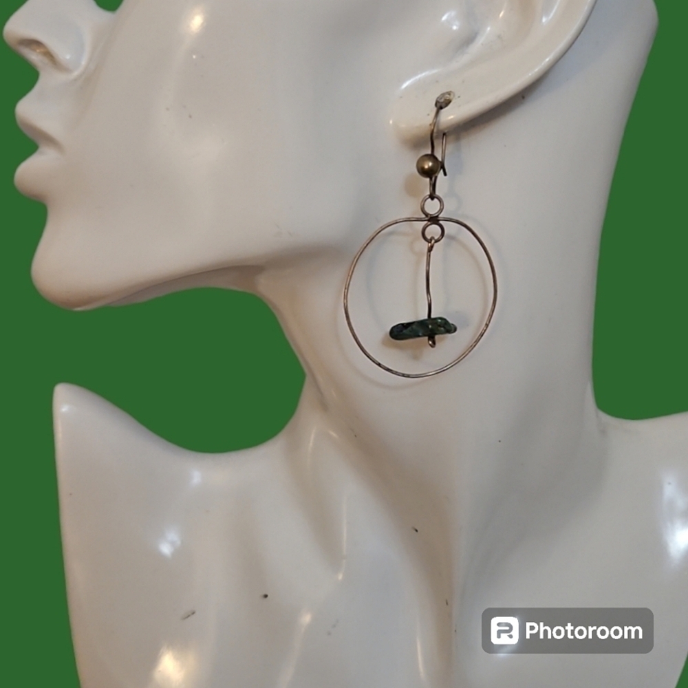 Vintage Silver Rustic Turquoise Chip Hoop Dangle Hook Earrings